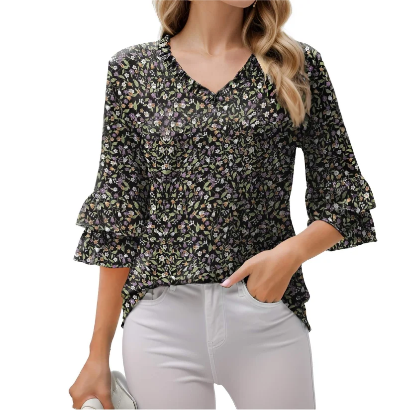 Womens Casual V Neck 3/4 Bell Sleeve Tops Frill Neck Tiered Ruffle Sleeve Loose Blouses