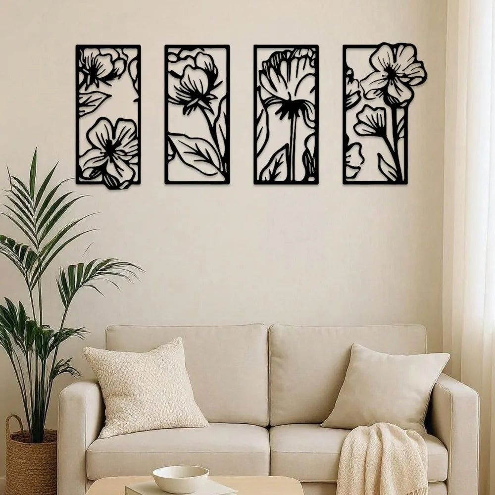 CIFBUY 4 Piece Metal Floral Wall Art Set