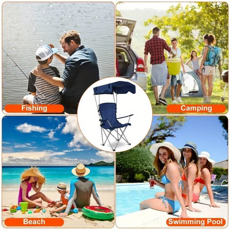 Fold Camping Chair With Canopy Sun Shade And Cup Holder