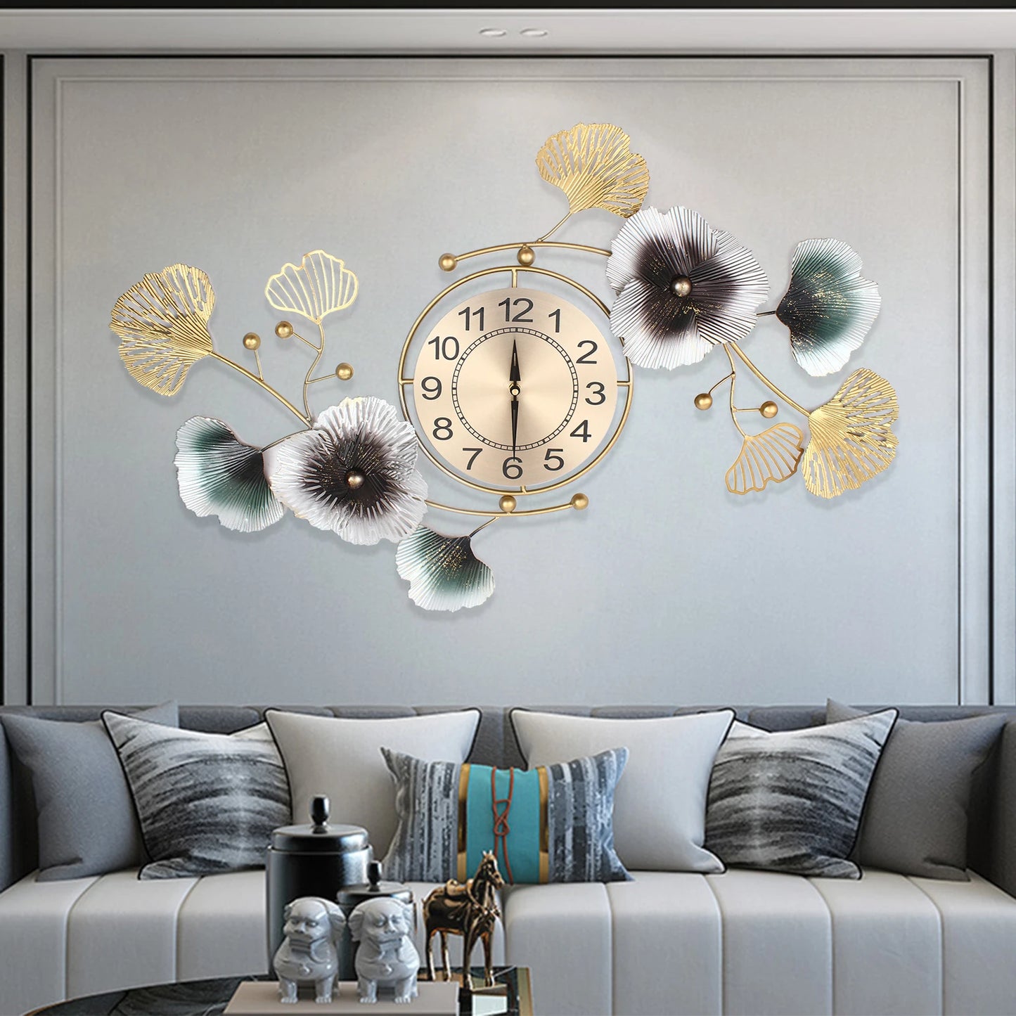 90*45 Cm Large Metal Wall Clock Ginkgo Leaf Quartz Movement Wall Watch Home Decor Battery Powered for Living Room/hallway/office