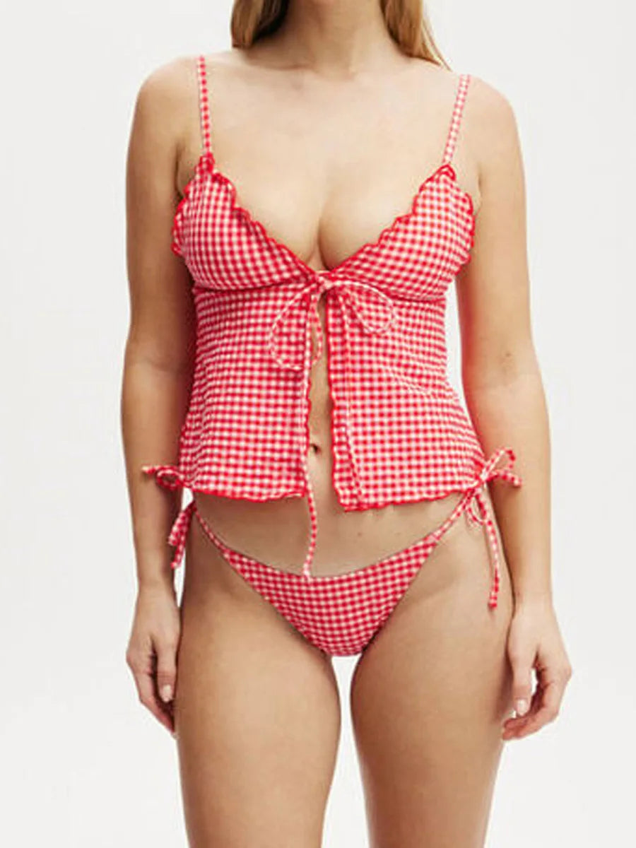 Hirigin Plaid Sleeveless Cami Top With Front Tie