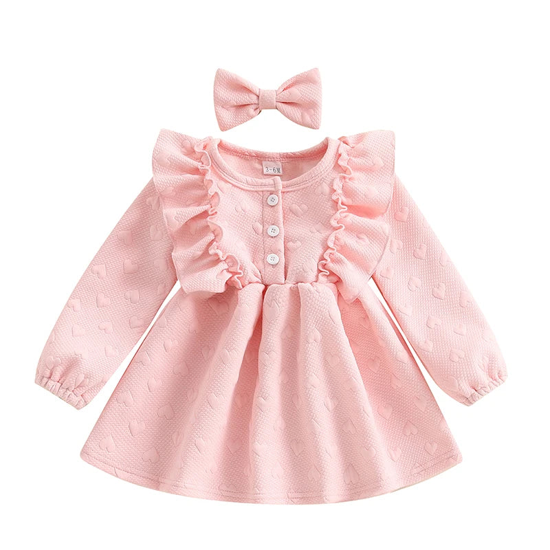 Girls Valentine s Day Heart Print Ruffle Sleeve Dress with Matching Headband - Adorable Toddler Princess Dress for the Holiday