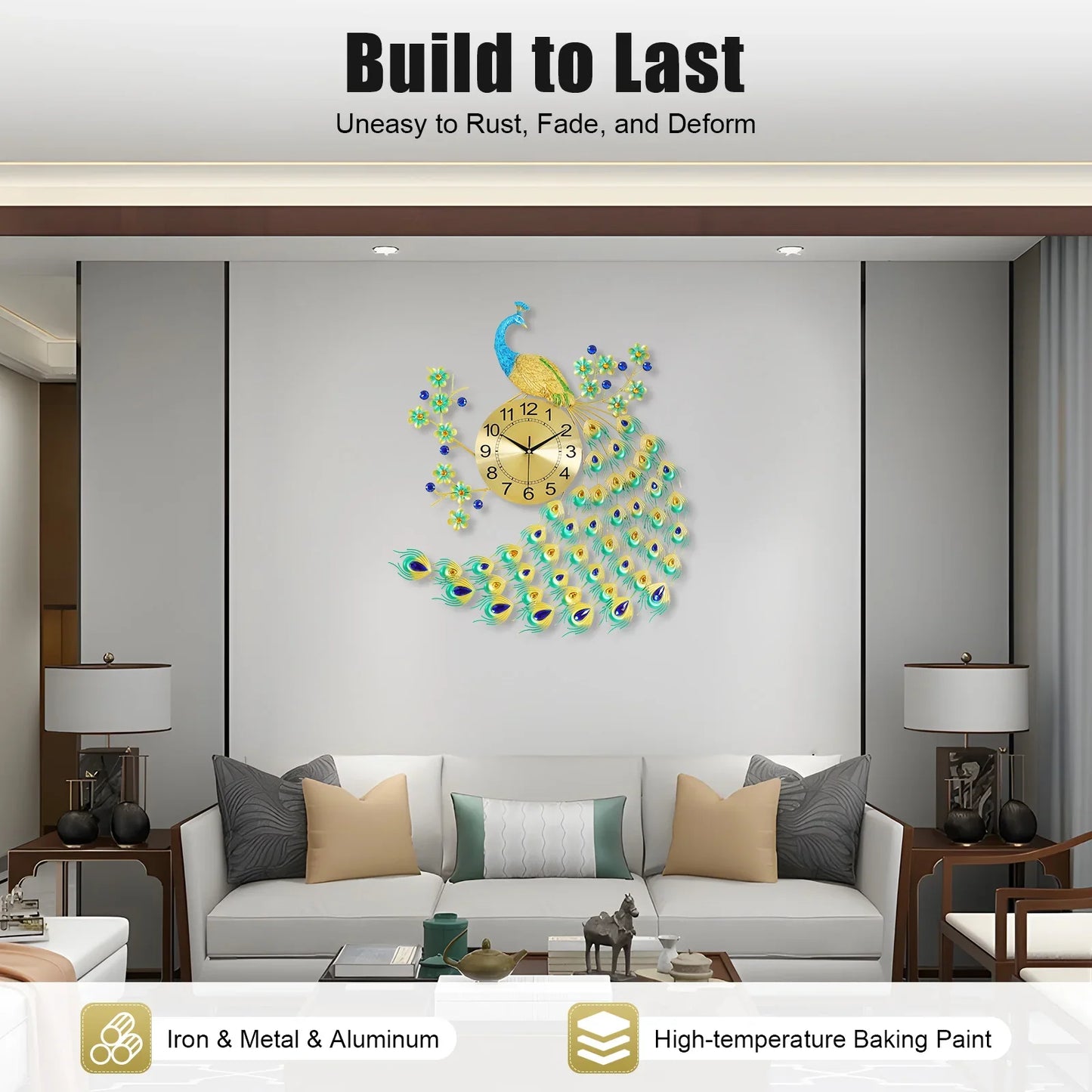 European Peacock Wall Clock - Elegant & Modern Decorative Silent Quartz Clock for Living Room & Office - Brings Luck & Harmony