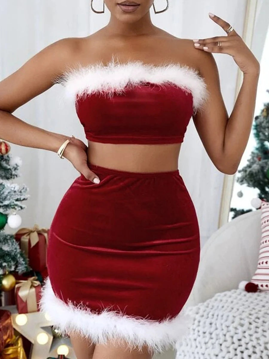 Hirigin Velvet Strapless Christmas Mini Skirt Set With Diamond Embellishments Lingerie Look