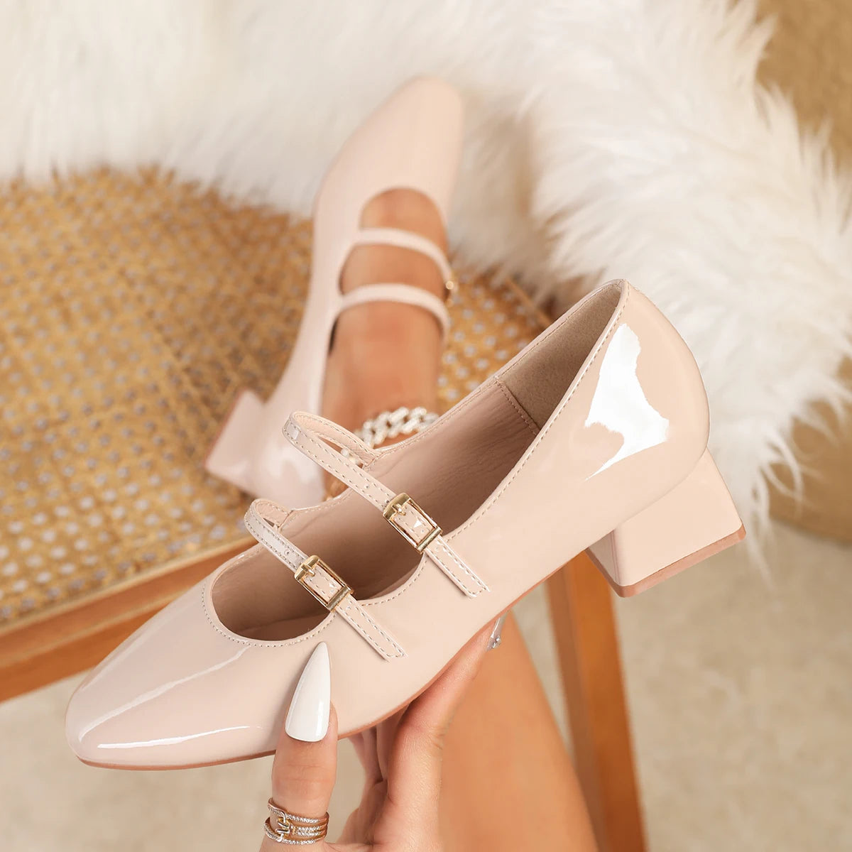 Women heels Shoes Mary Jane Shoes Woman Pumps Patent Leather High Heels Dress Shoes Red Wedding Shoes Spring 2025 Double Buckle