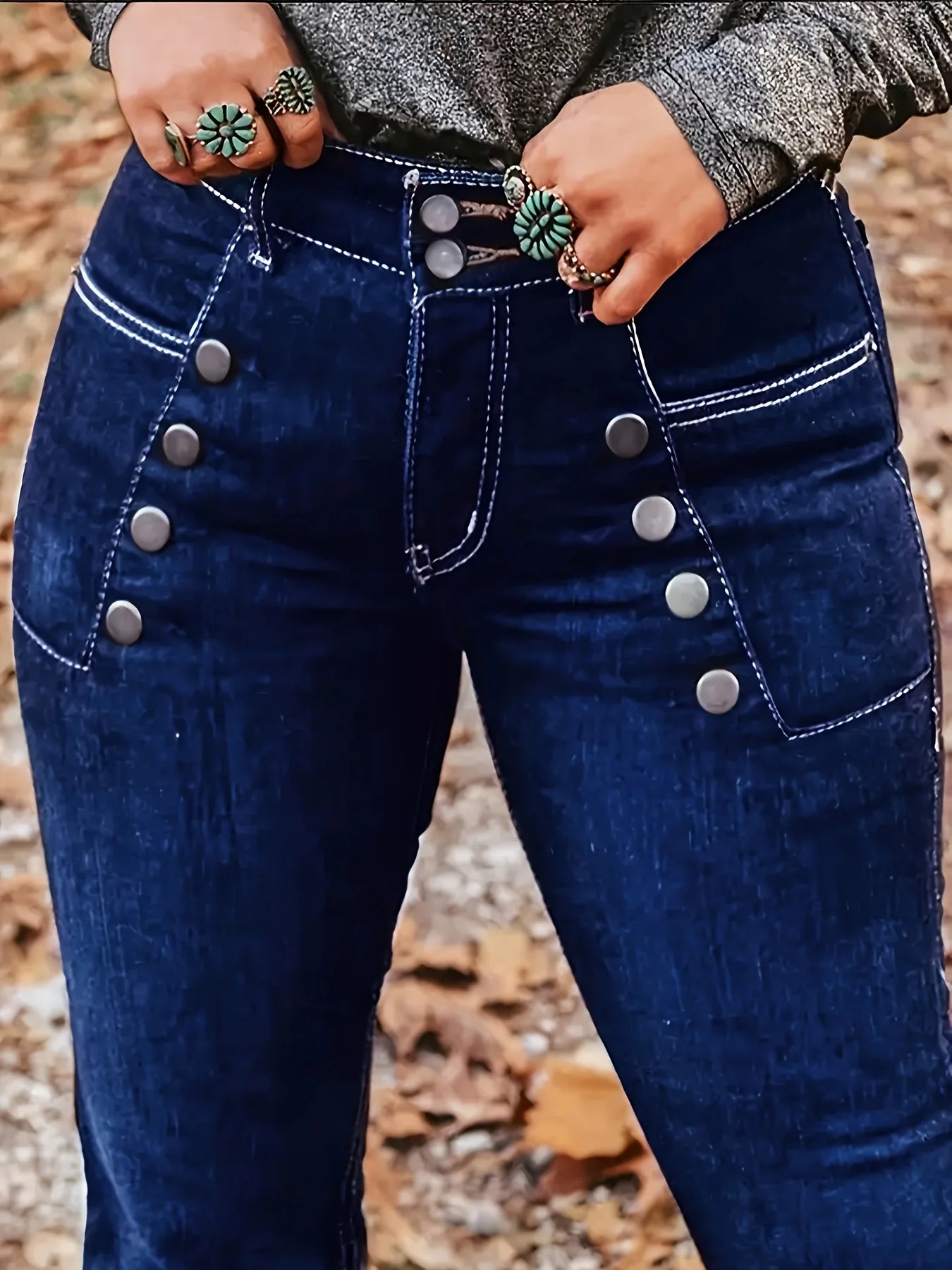 Women's mid high waisted elastic button deep blue micro flared denim pants