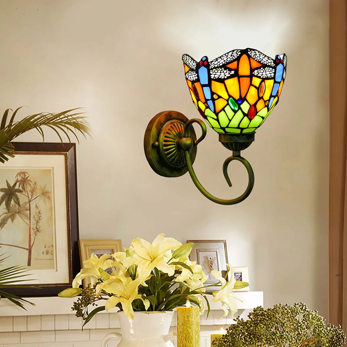 Stained Glass Wall Light Dragonfly E27 Iron Sconce Classic