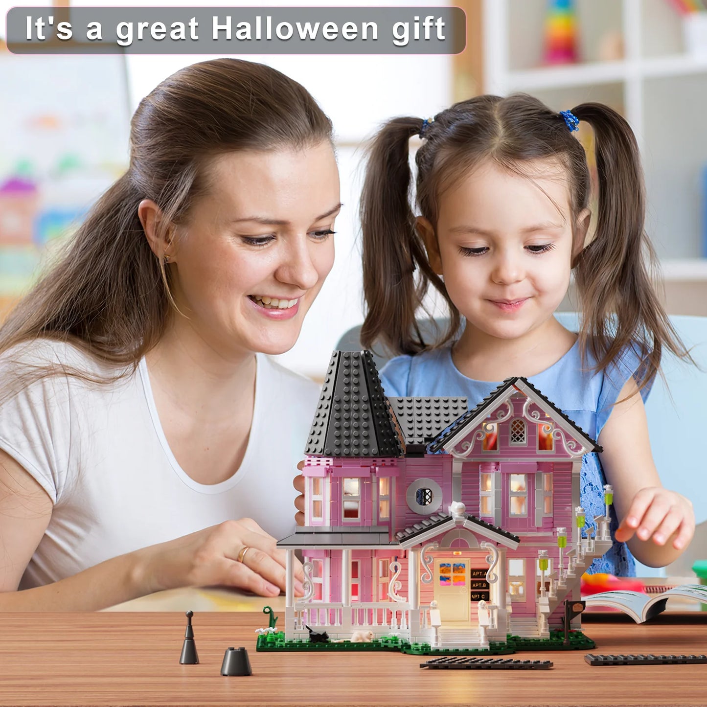 Pink Palace House Building Blocks Set with Lights,Horror Haunted House Bricks Toys Christmas Halloween Gifts for Kids(1349PCS)