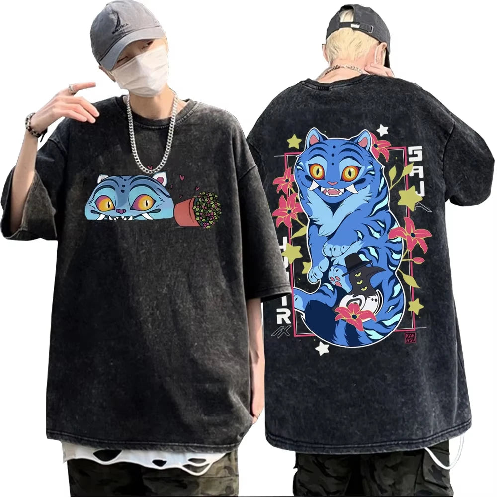 Men Clothing Washed Vintage Movie Kpop Demon Hunters Derpy Tiger T-shirt Men Women Fashion Cartoon Trend T Shirt Unisex Fashion