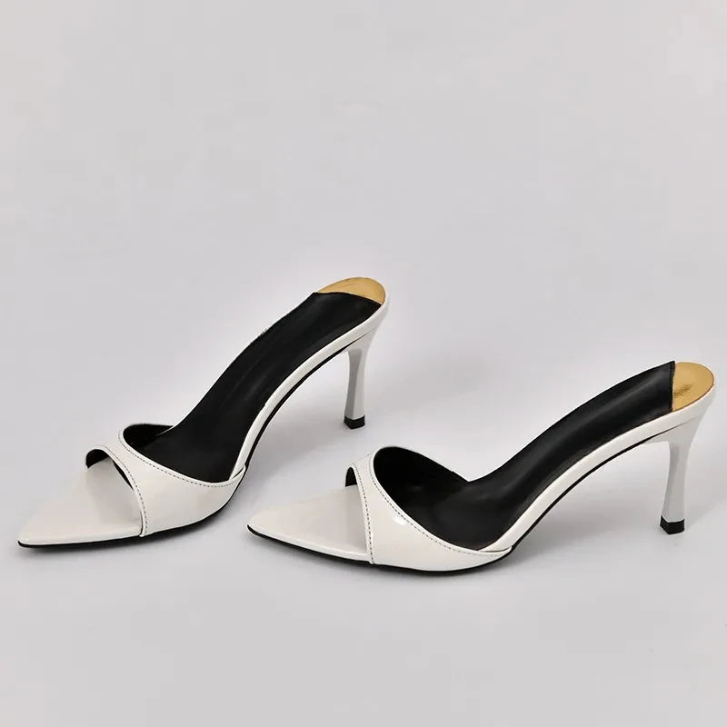 Pointed Stiletto Heels Women Pumps Patent Leather 2025 Summer Designer Mule Sandals Elegant Sexy Office High Heels Women Shoes