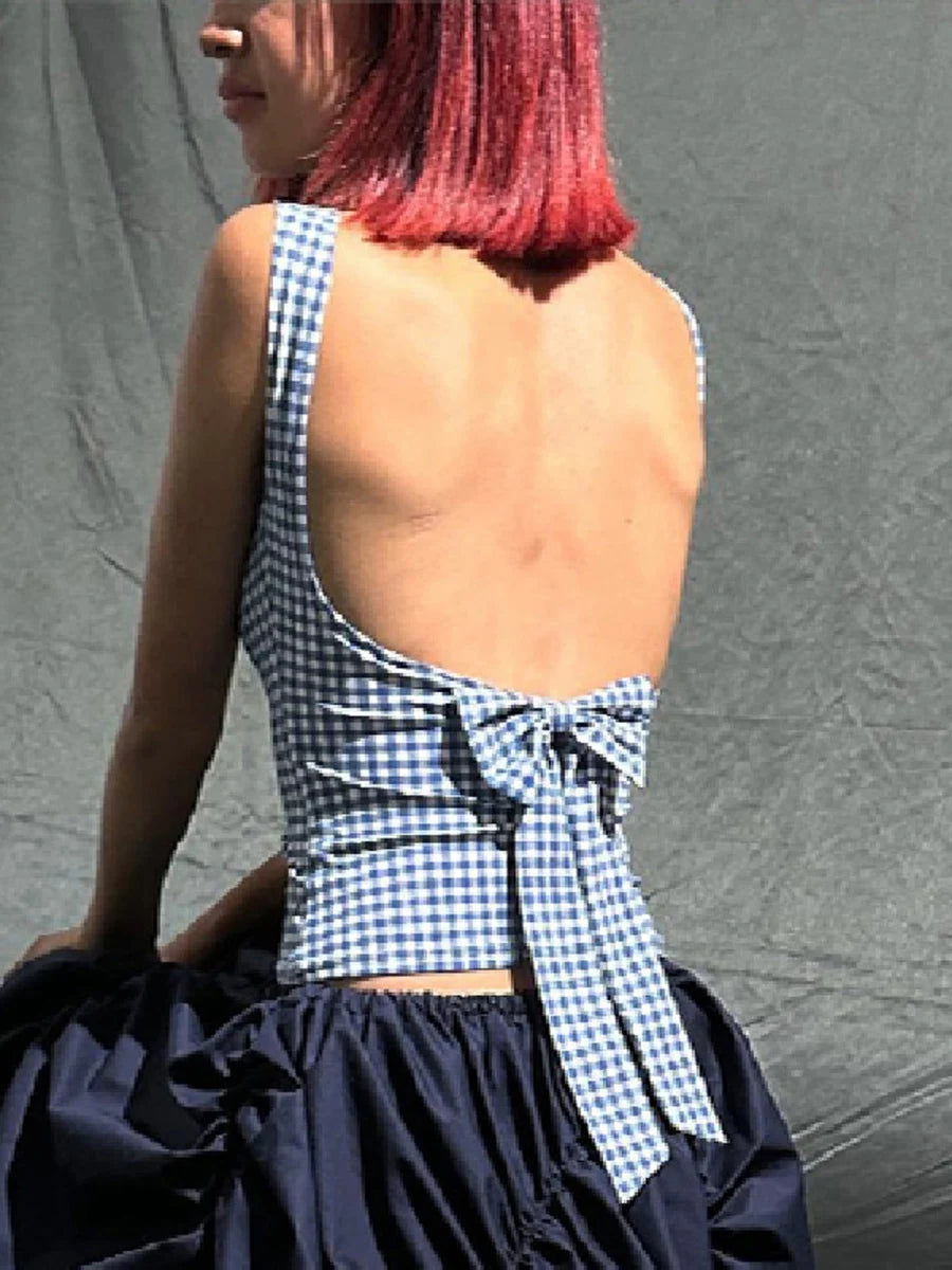 Hirigin Womens Plaid Cropped Tank Top Bow Backless Sleeveless Vest