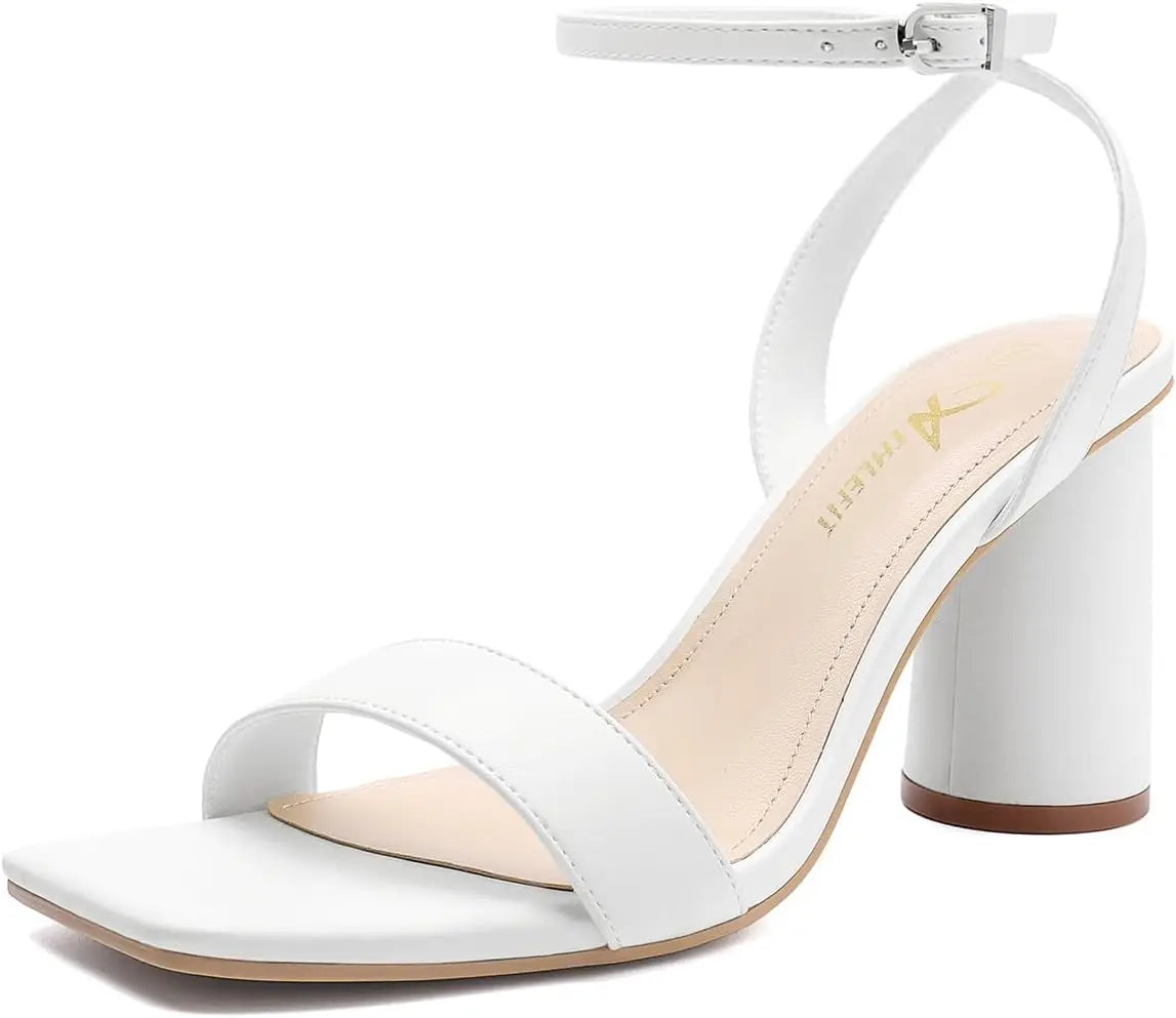 Women's Strappy Chunky Block Heels Fashion Square Open Toe Heeled Sandals Ankle Strap Wedding Party Shoes