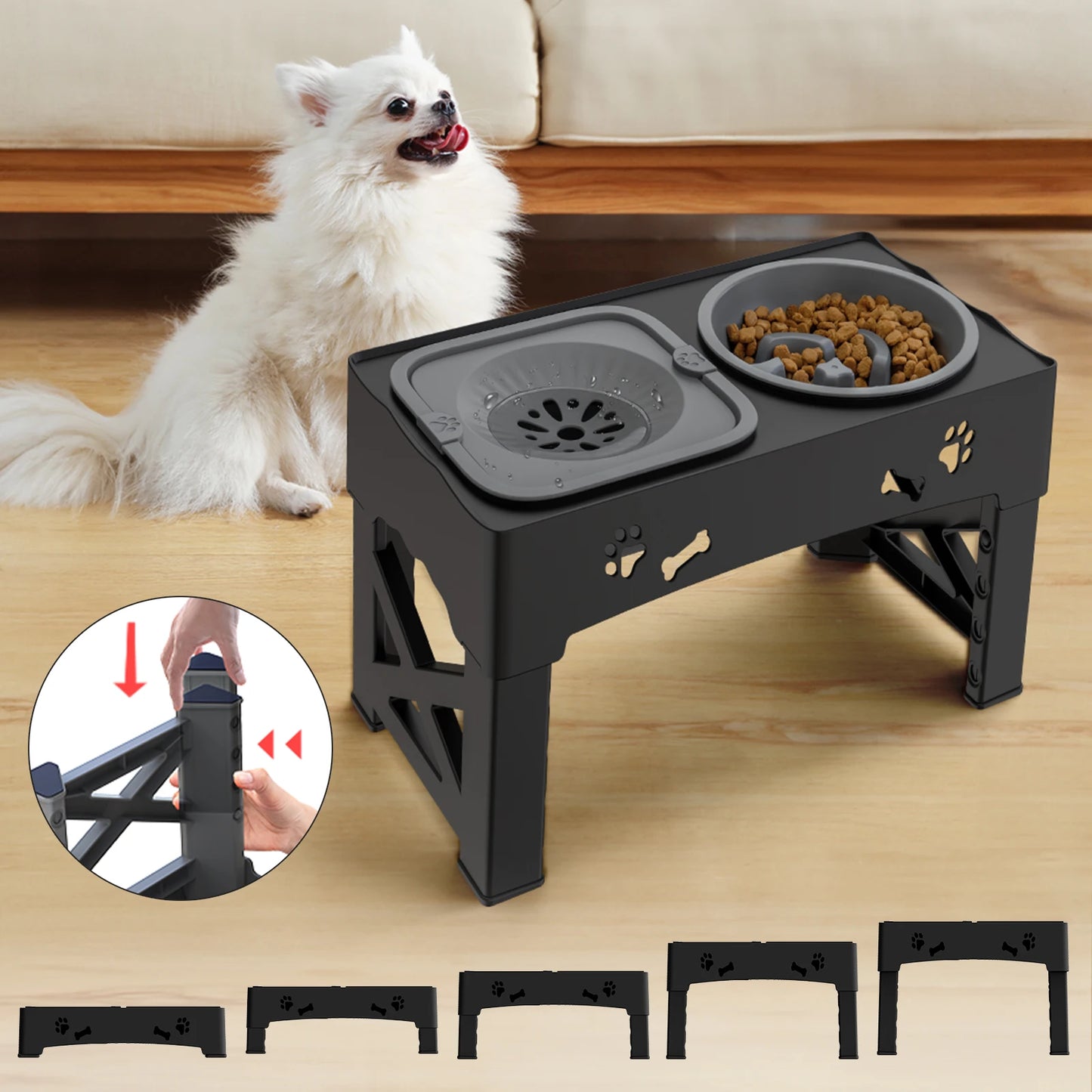 Feature 3 In 1 Pet Feeder Slow Bowls With Adjustable Heights