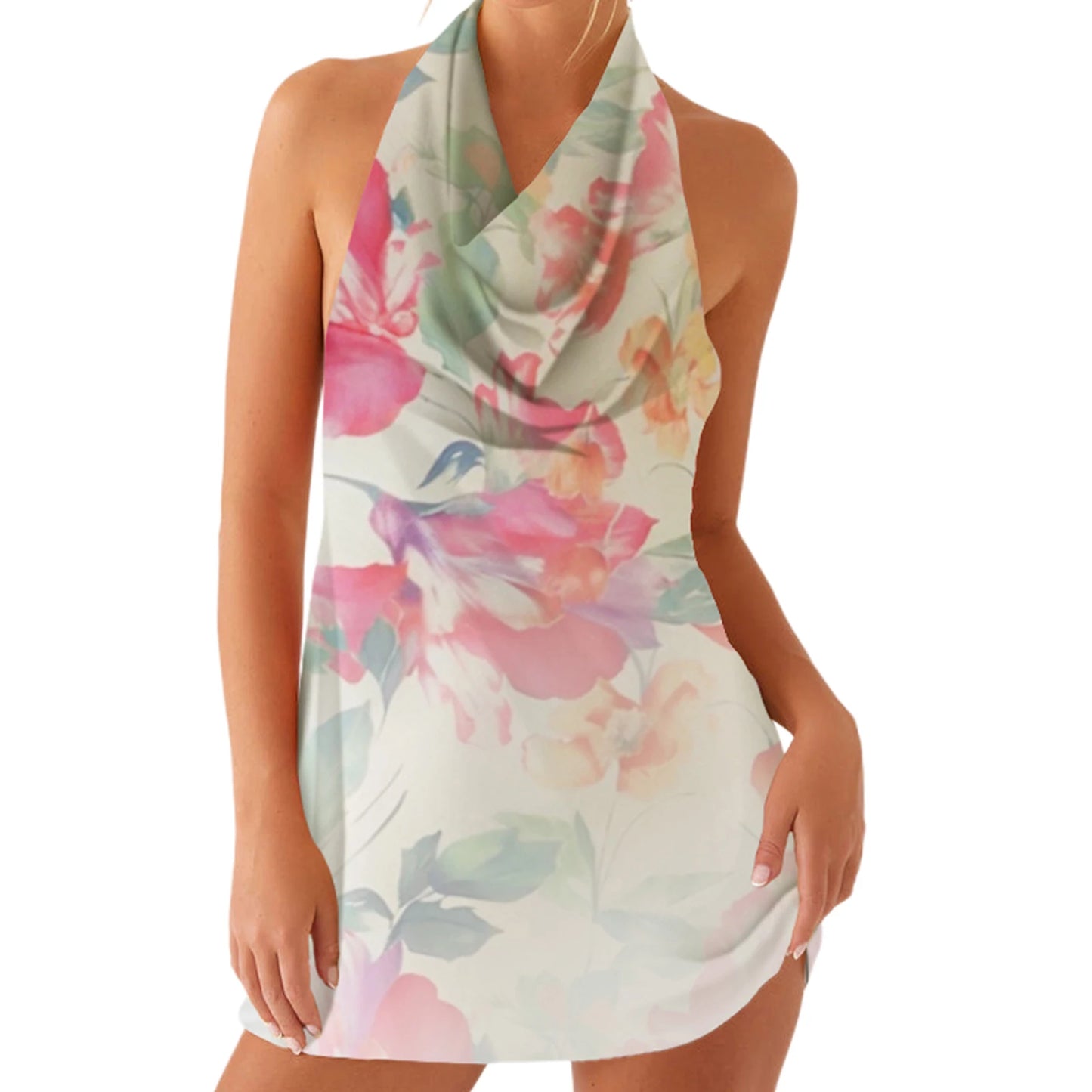 Hirigin Elegant Floral Sleeveless Halter Neck Mini Dress For Women