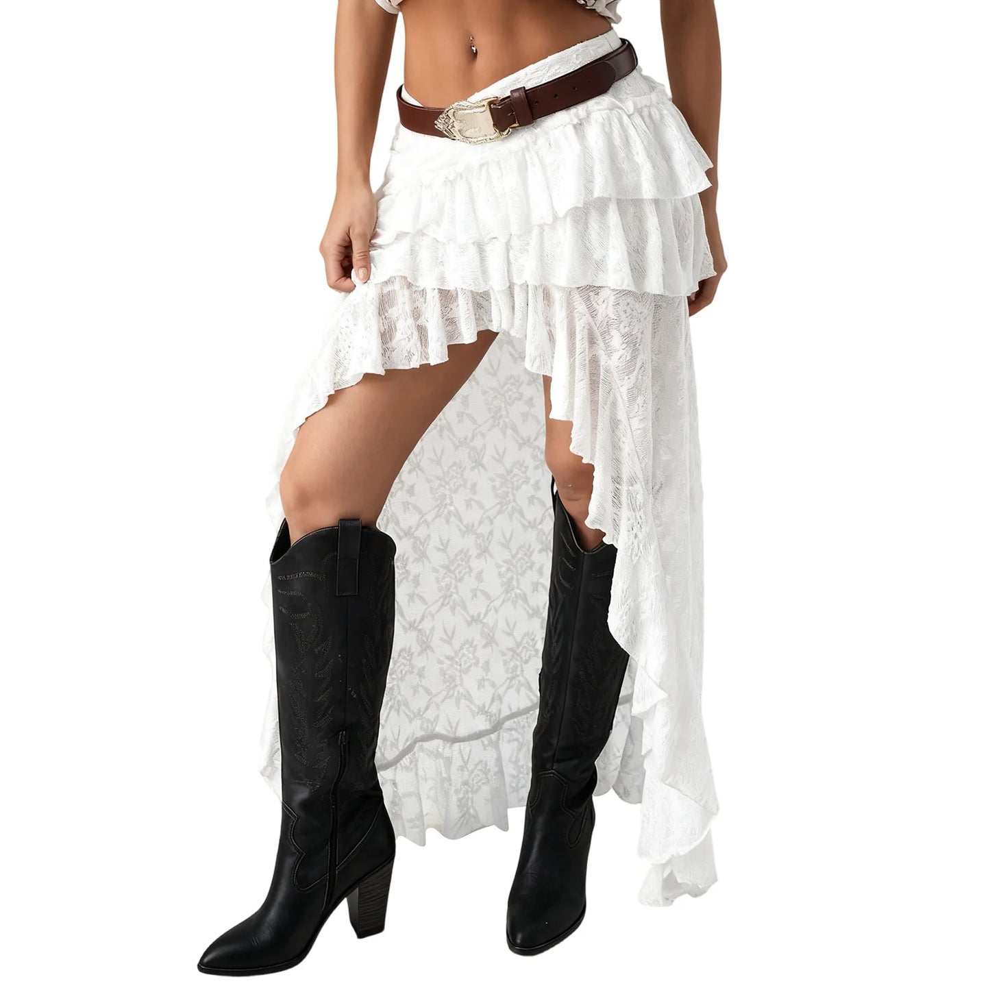 Women Flower Lace Skirt Elastic Waist High Low Layered Ruffle Skirt Casual Summer Streetwear