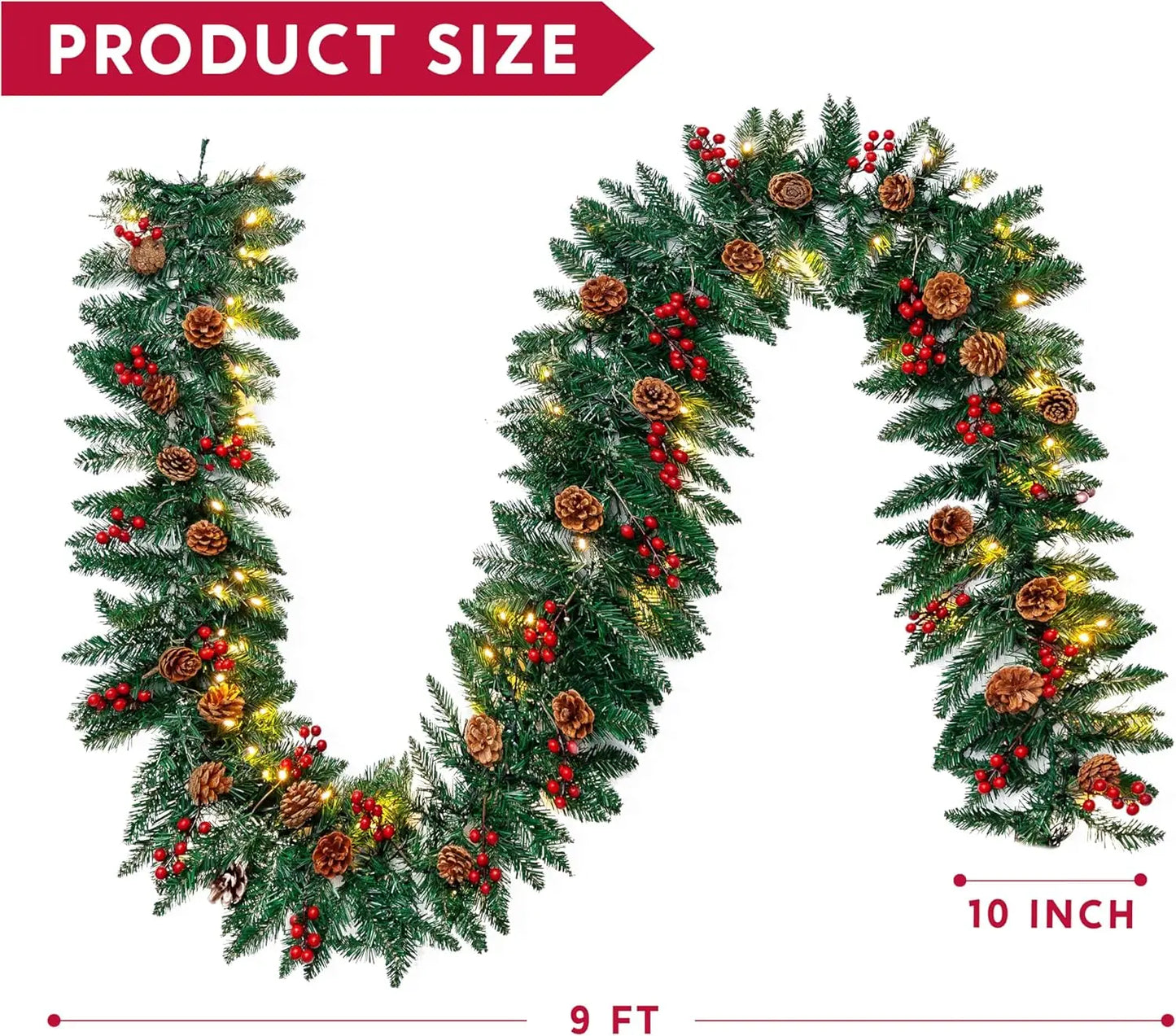 Joyfy Artificial Christmas Garland Prelit With LED Lights Pine Cones And Red Berries For Home Office Decor