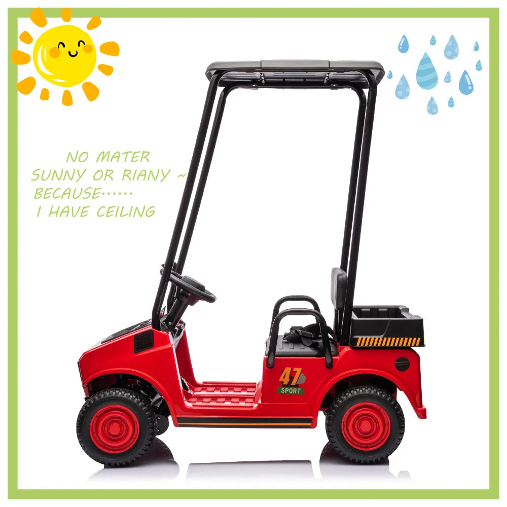 12V Ride On Golf Cart For Kids With Roof Outdoor Toy