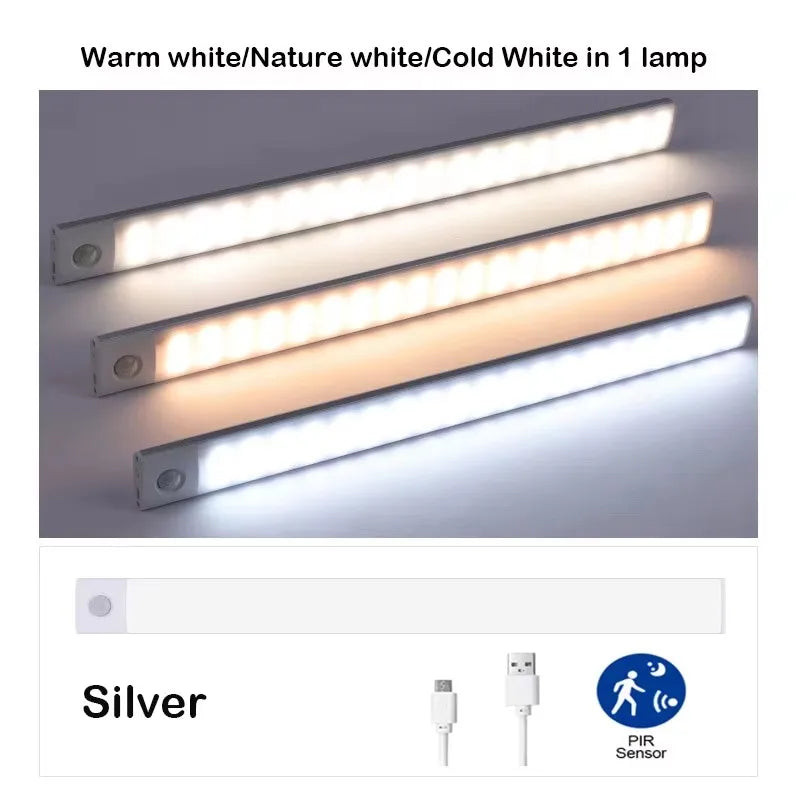 Ultra-thin LED Cabinet Light USB Rechargeable Motion Sensor Light 3 Colors Dimmable Wardrobe Closet Kitchen Lighting Night Lamp
