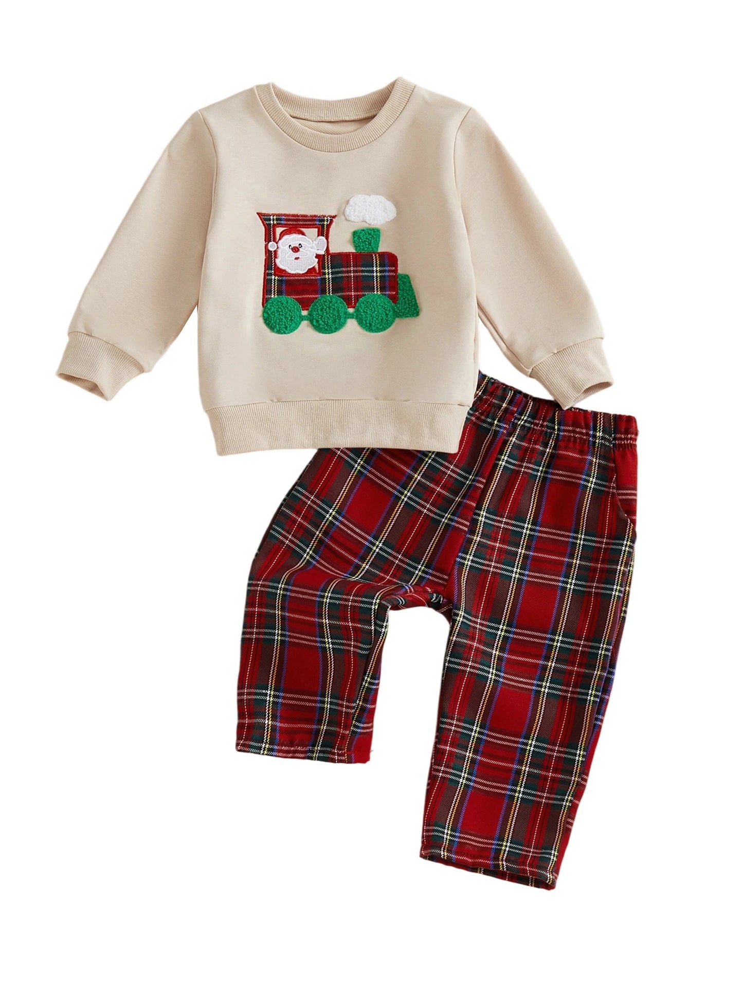 Children's Christmas Outfit Santa Hoodie With Embroidered Sleeves And Plaid Pants