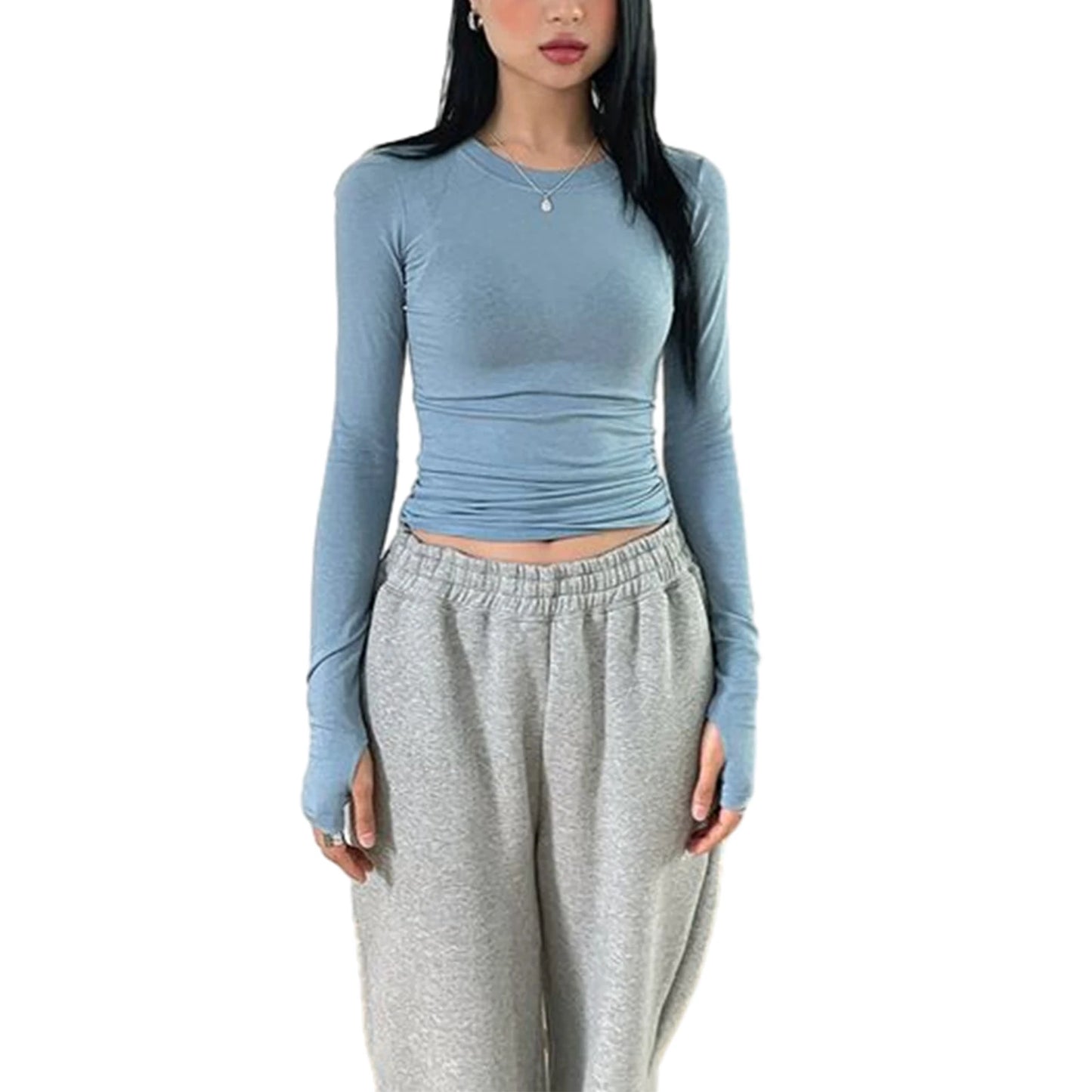 Women Casual Thumb Hole Shirt Trendy Fit Long Sleeve Round Neck Tops Summer Solid Color Tee