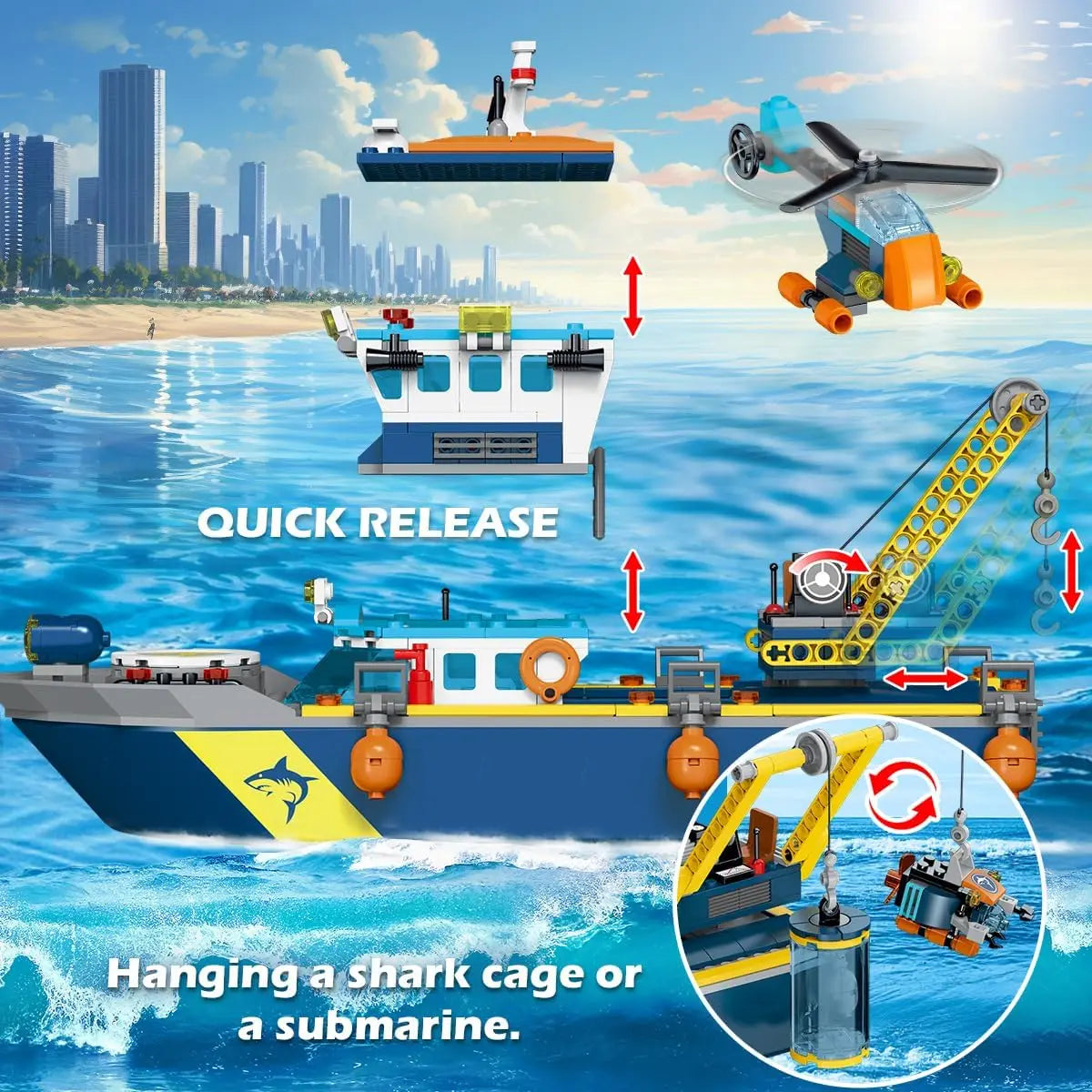 HOGOKIDS Arctic Explorer Technic Ship Building Block Set with LED Light Ocean Exploration Helicopter Sub Shark for Kids Ages 6+