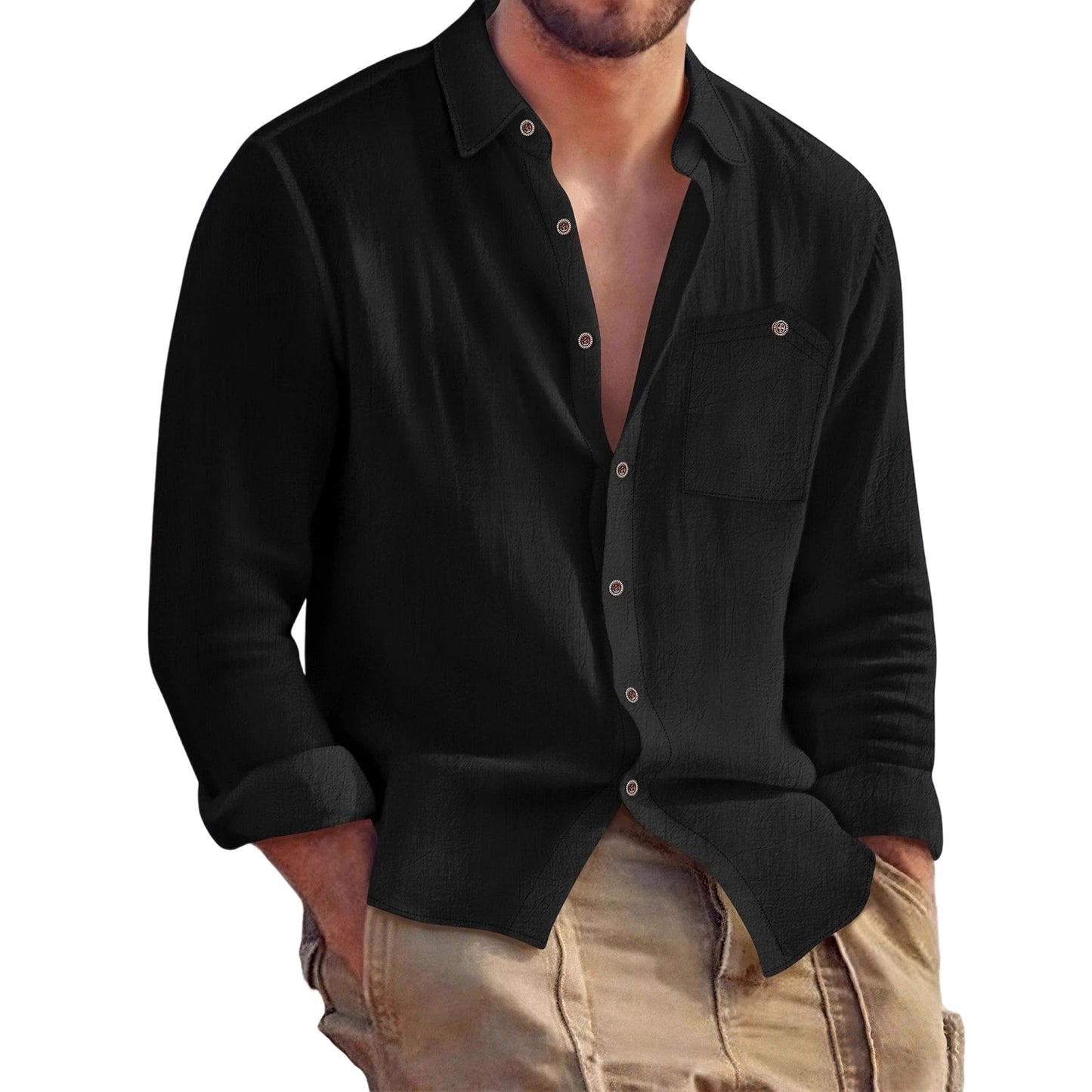 Men s Relaxed Fit Long Sleeve Solid Color Button Down Shirt with Turn-down Collar and Chest Pockets for Autumn Casual Wear