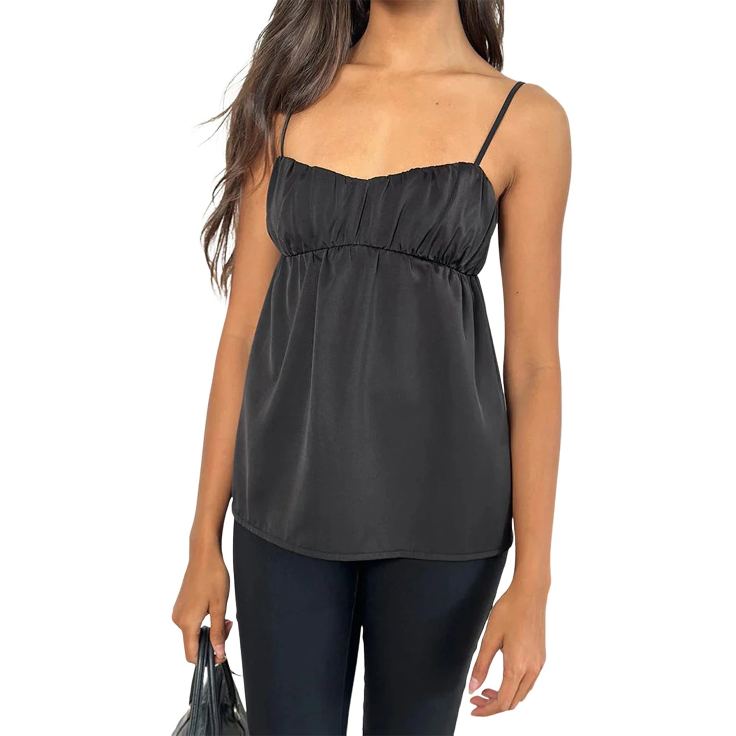Hirigin Women Satin V Neck Sleeveless Blouse With Ruffle Hem