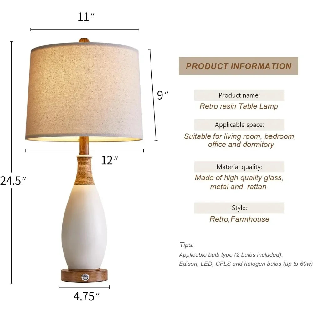 XMSJ Modern Farmhouse Bedside Table Lamp Set 2 With USB Type C Charging Ports 3 Way Dimmable Touch Control