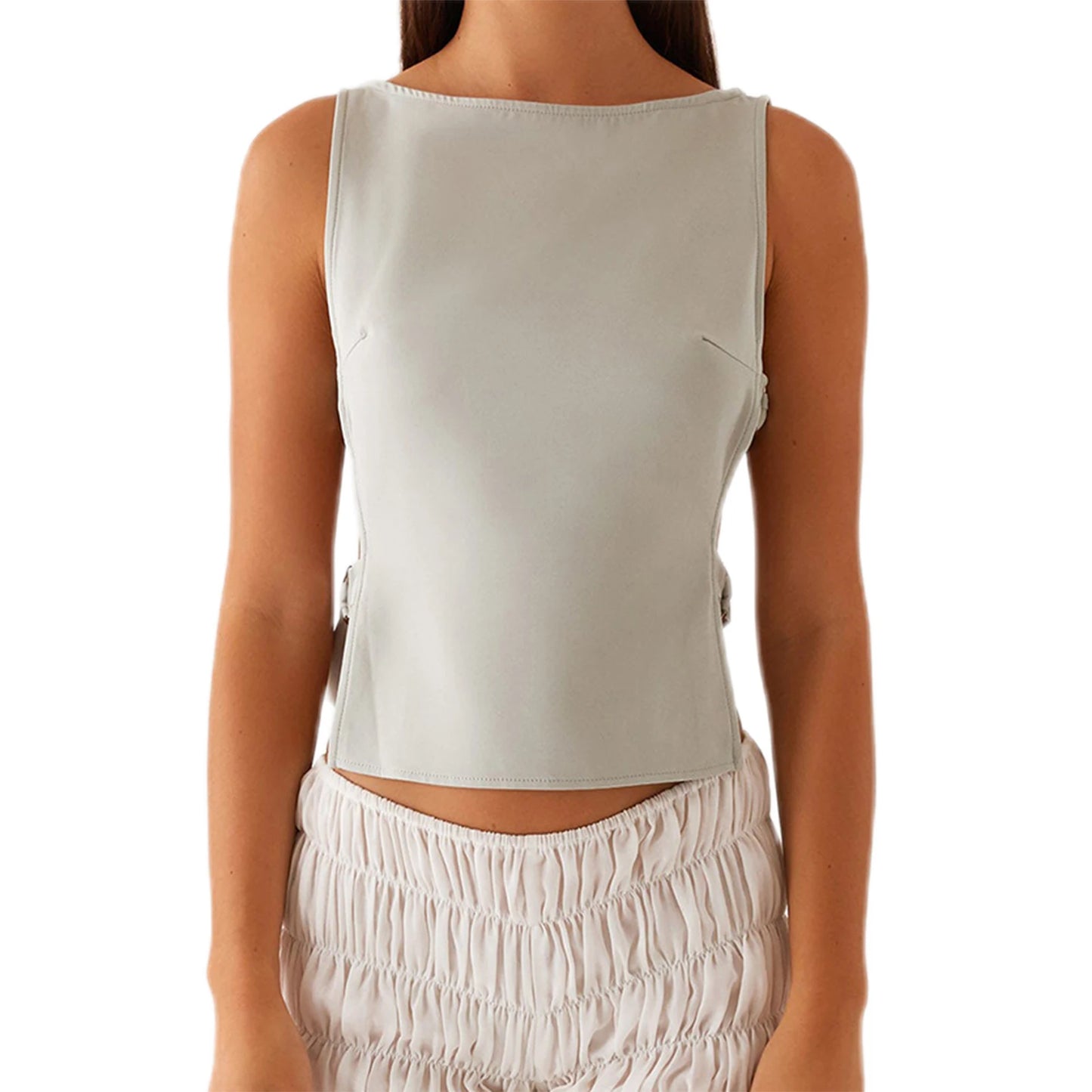 Hirigin Women Sleeveless Boat Neck Tank Top With Side Buckle