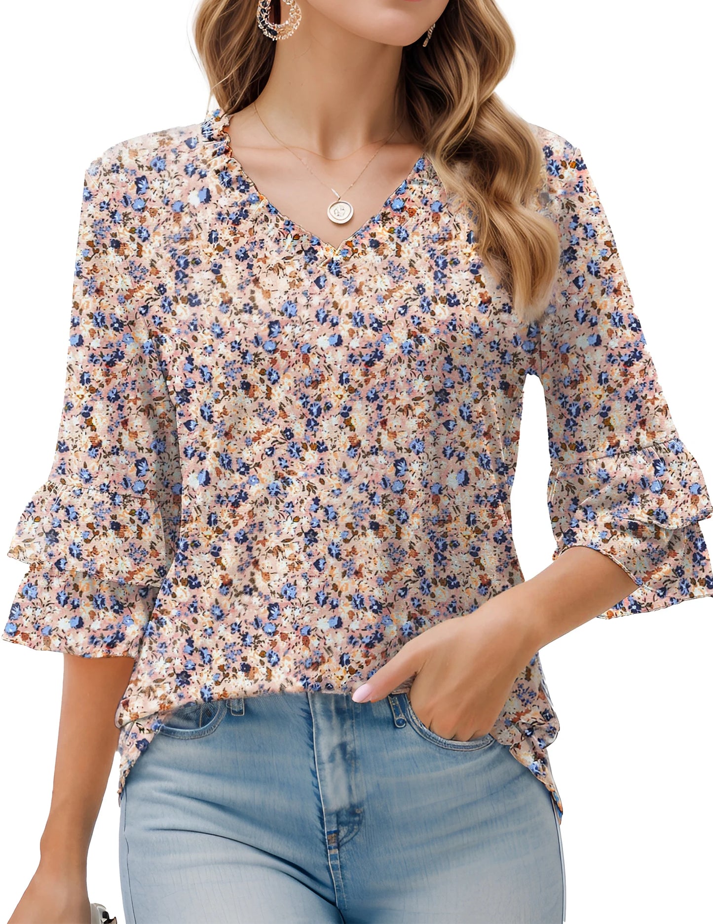 Womens Casual V Neck 3/4 Bell Sleeve Tops Frill Neck Tiered Ruffle Sleeve Loose Blouses