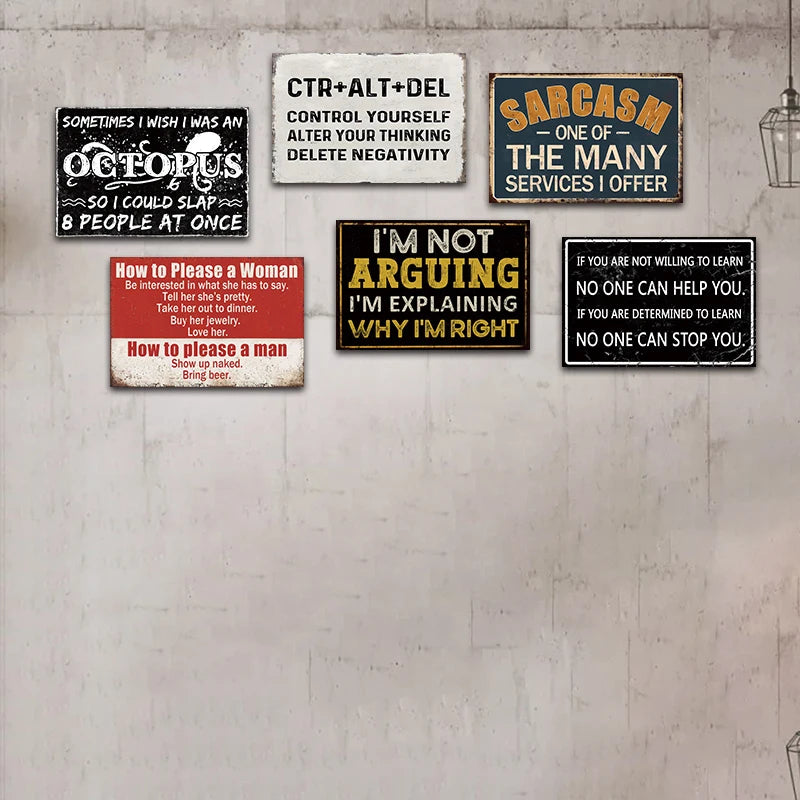 High-Concerned Metal Tin Signs 6pc Funny Quotes Retro Wall Art for Office Garage Bar Club Kitchen Bedroom