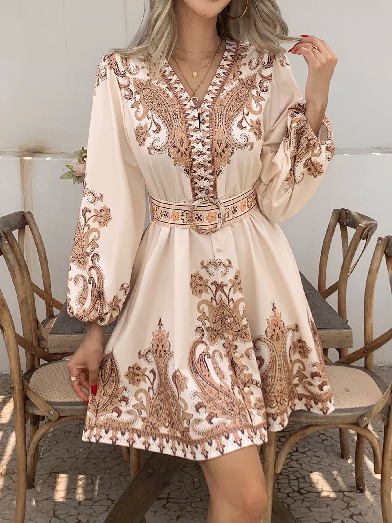 Boho Women's Dress - Vintage V-Neck Ruffled Floral Print Dress with Belt, Lantern Sleeves Button Down Casual Short Summer Dress