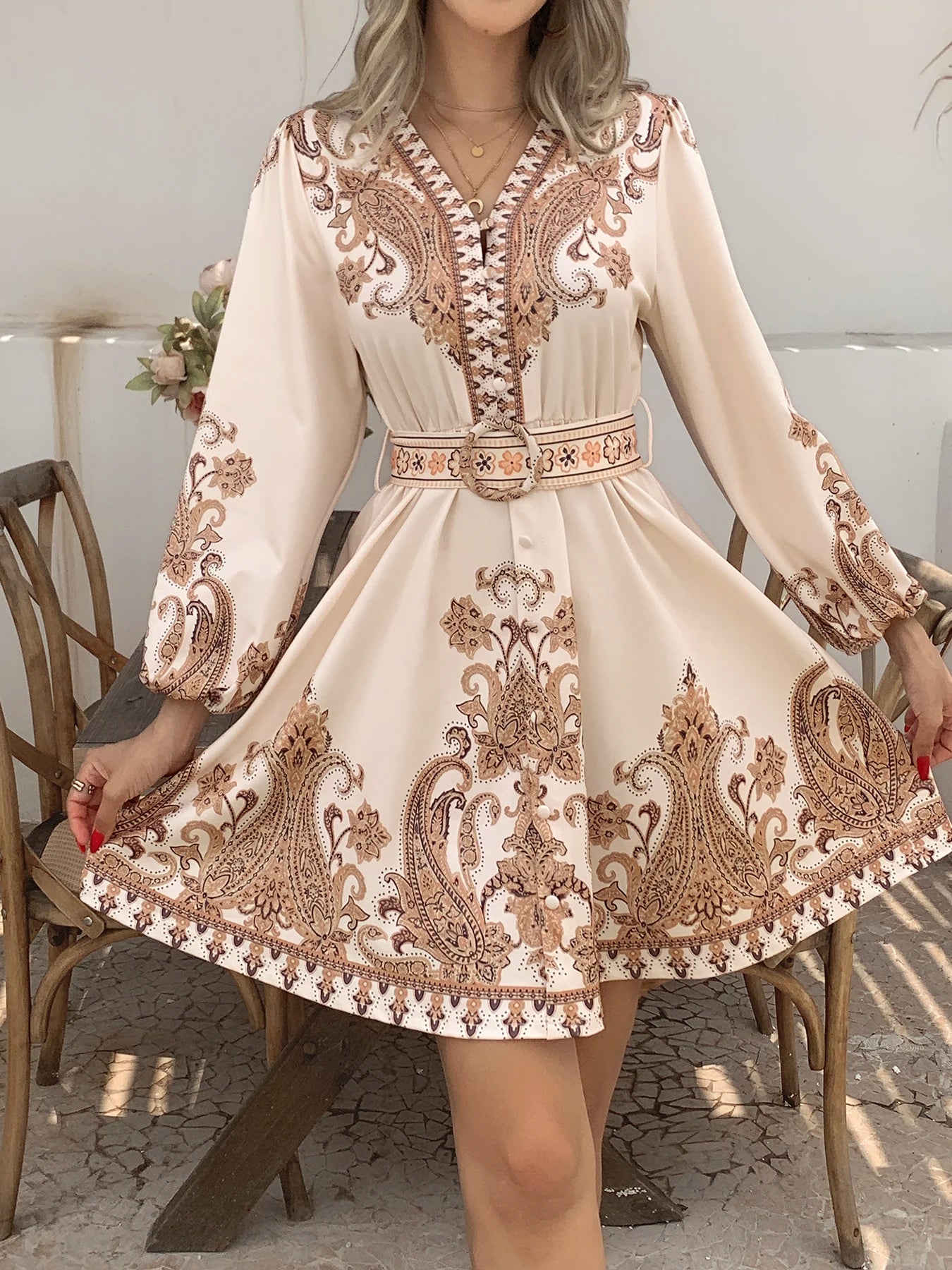 Boho Women's Dress - Vintage V-Neck Ruffled Floral Print Dress with Belt, Lantern Sleeves Button Down Casual Short Summer Dress