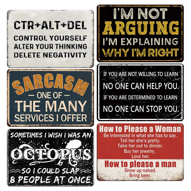 High-Concerned Metal Tin Signs 6pc Funny Quotes Retro Wall Art for Office Garage Bar Club Kitchen Bedroom