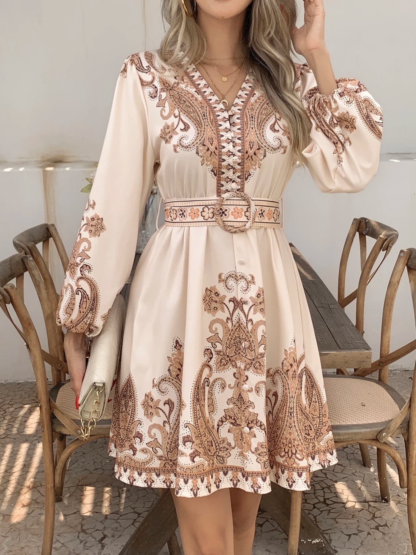 Boho Women's Dress - Vintage V-Neck Ruffled Floral Print Dress with Belt, Lantern Sleeves Button Down Casual Short Summer Dress