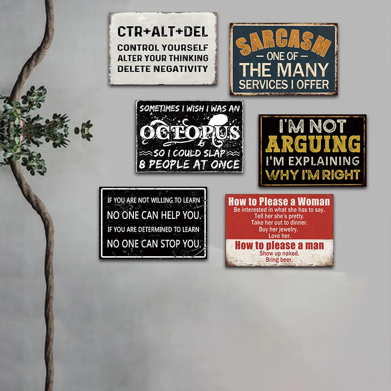 High-Concerned Metal Tin Signs 6pc Funny Quotes Retro Wall Art for Office Garage Bar Club Kitchen Bedroom