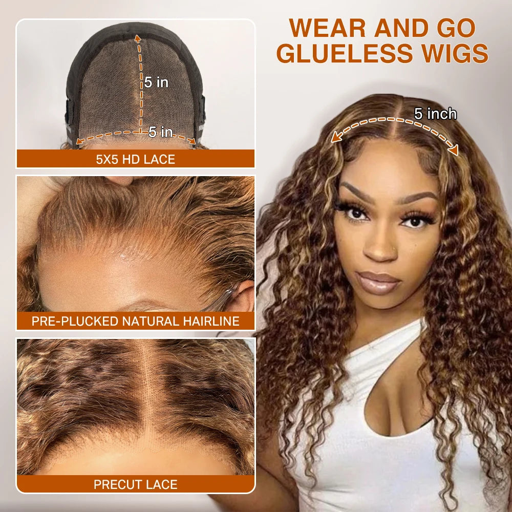 Honey Blonde Deep Wave Glueless Wigs 100% Human Hair Pre Cut Highlight Wear and Go Curly Wigs for Women Ombre HD Lace Front Wig