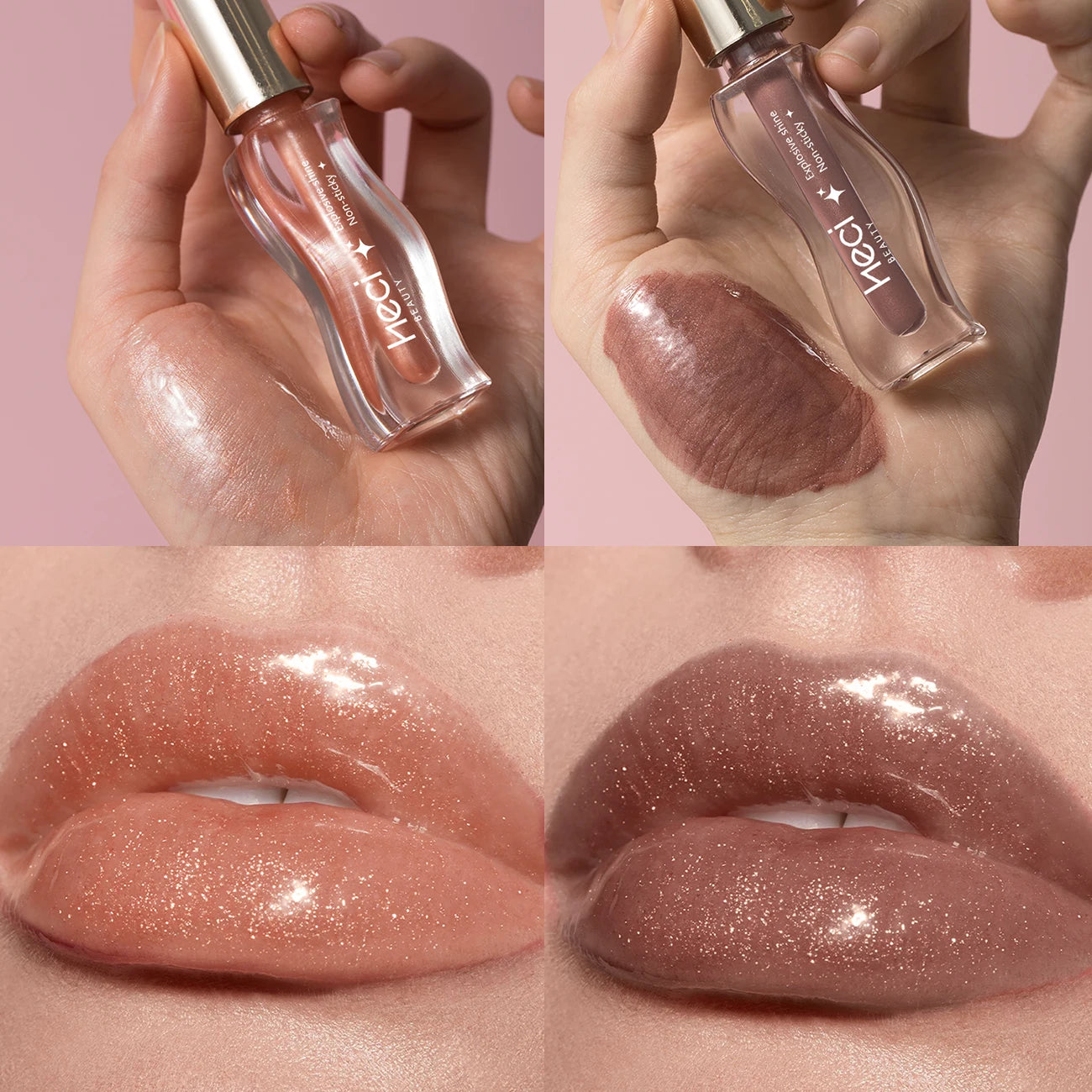 2PCS Shimmer Glossy Lip Glaze Duo- Vegan Tinted Formula, Fine Glitter, Non-Sticky High Shine Glass Lip Finish Sparkle-Nude