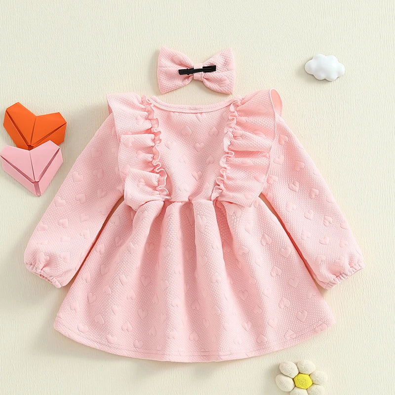 Girls Valentine s Day Heart Print Ruffle Sleeve Dress with Matching Headband - Adorable Toddler Princess Dress for the Holiday