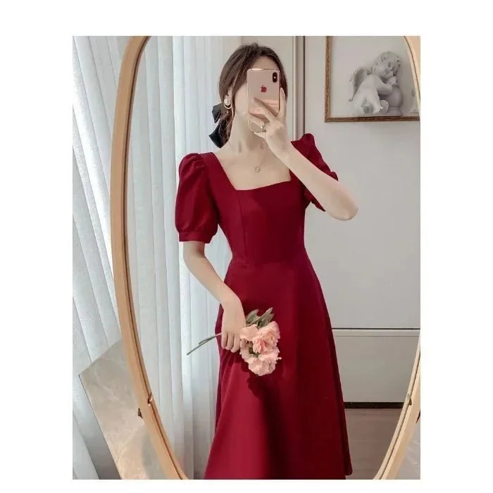 HebeiCraft Of Weaving Princess Sleeve Square Collar Hepburn Style Women's Dress Slimming Waist