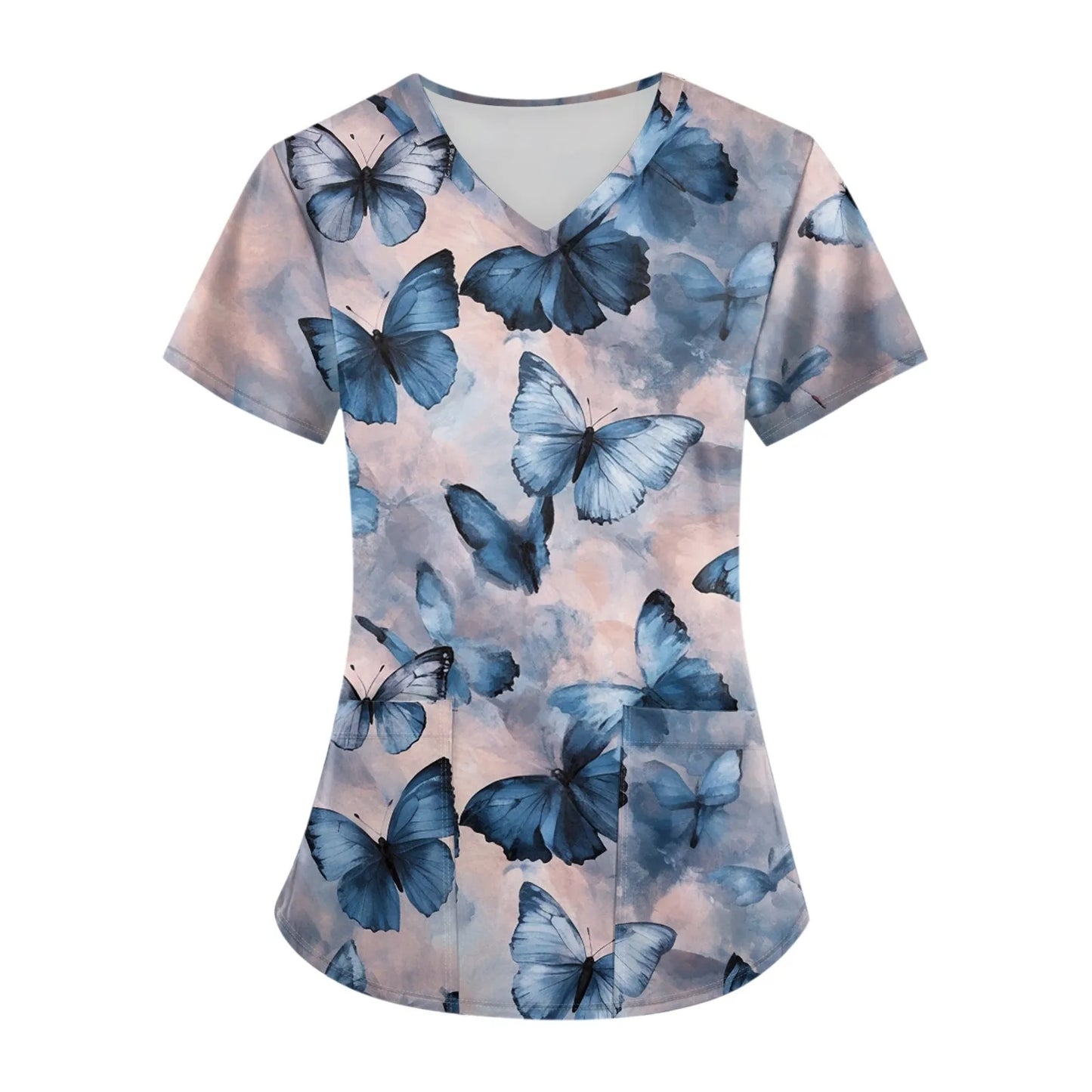 Eillysevens Women Nurse Uniform Cartoon Print Pocket Top