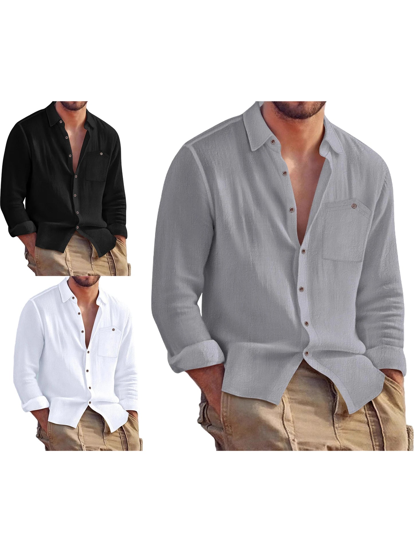 Men s Relaxed Fit Long Sleeve Solid Color Button Down Shirt with Turn-down Collar and Chest Pockets for Autumn Casual Wear