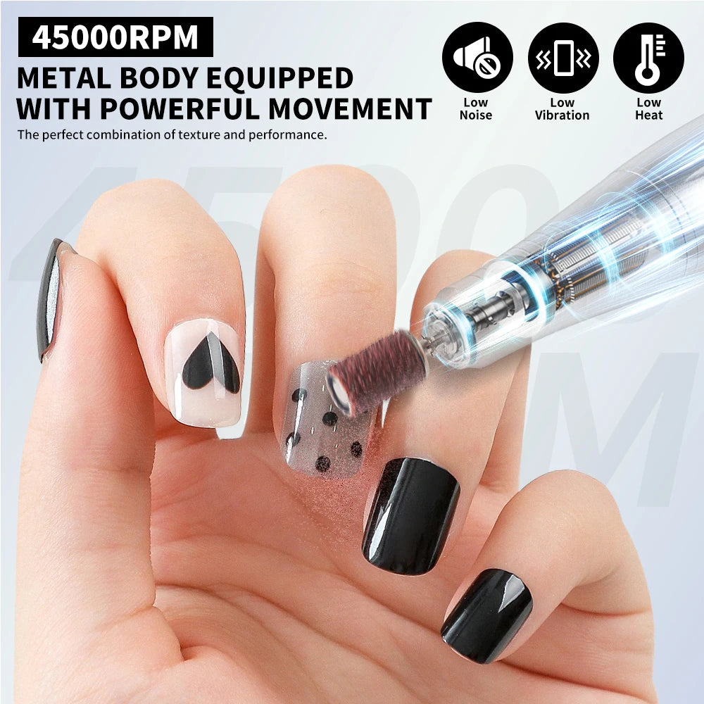 45000RPM Electric Nail Drill File Rechargeable Electric Nail Polishing Machine for Acrylic Gel Dip Powder Manicure Pedicure Tool