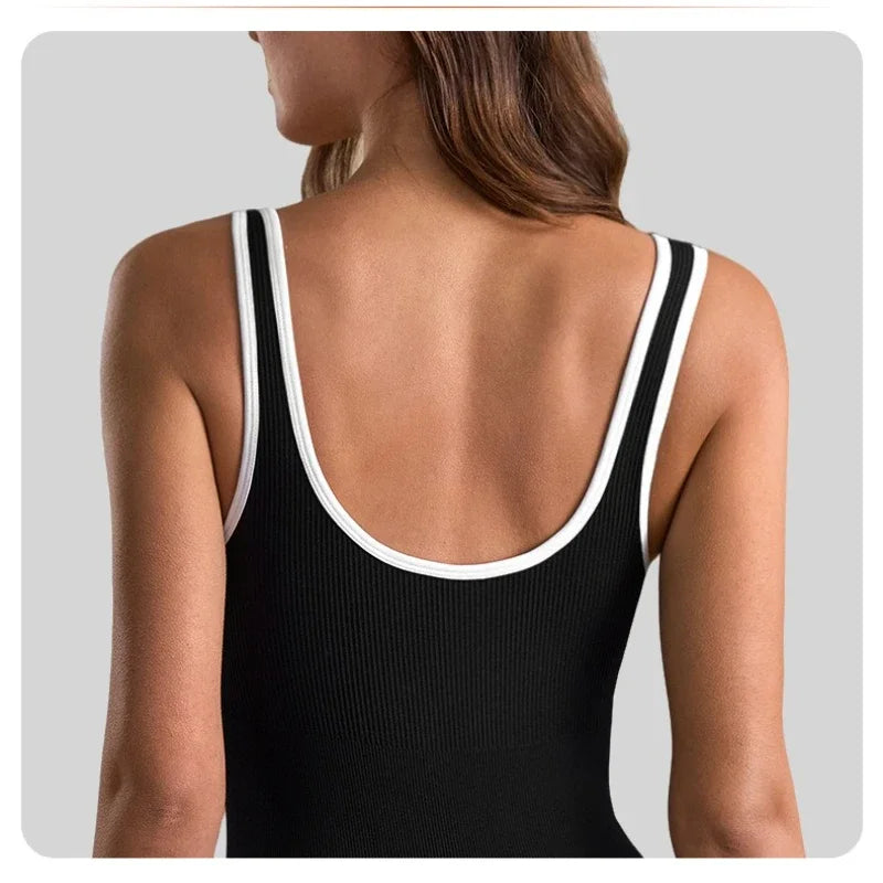 VEQKING Low V Neck Women Yoga Jumpsuit One Piece Sports Shorts Set Open Back Gym Fitness Tracksuits Tight Fit Ribbed Workout Set