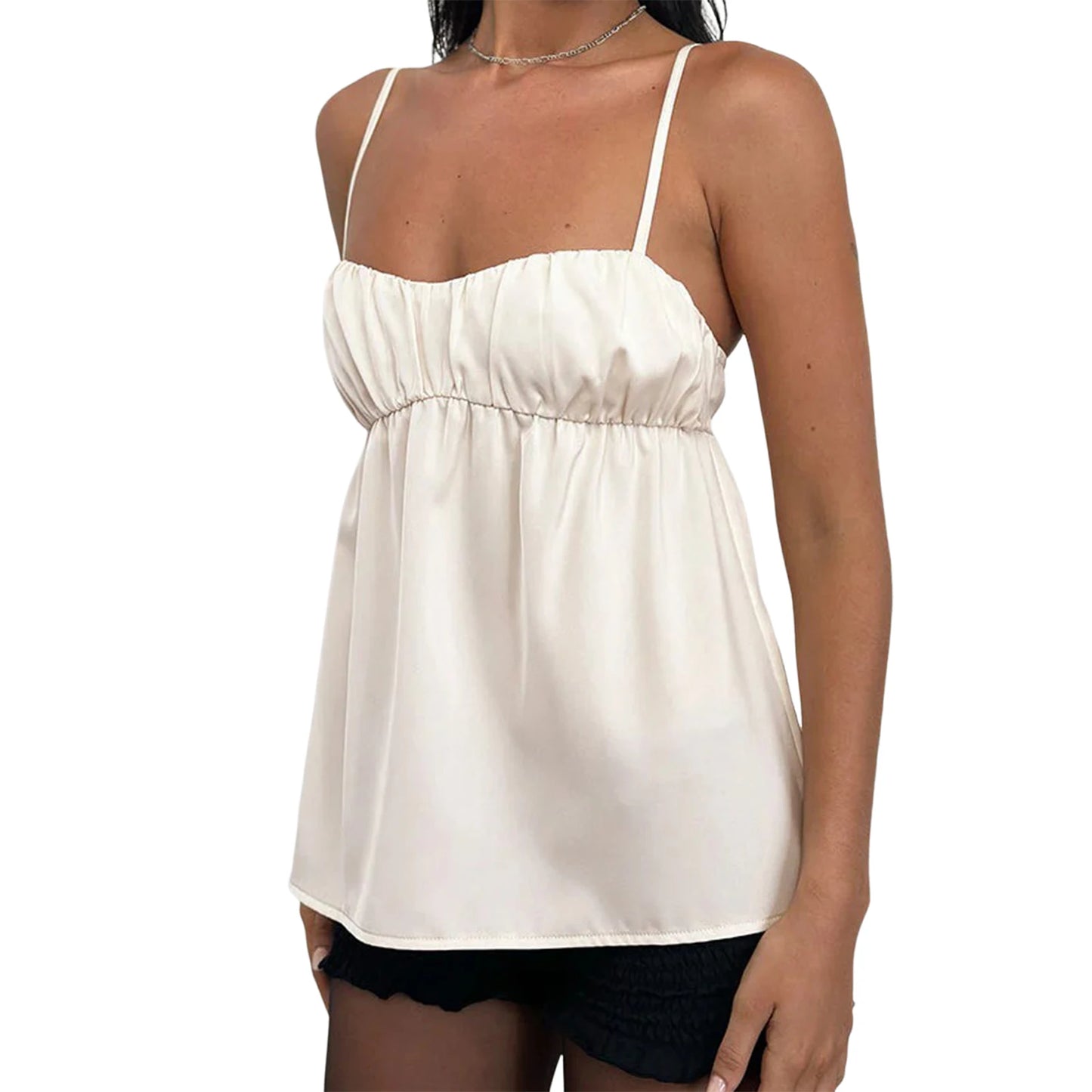 Hirigin Women Satin V Neck Sleeveless Blouse With Ruffle Hem