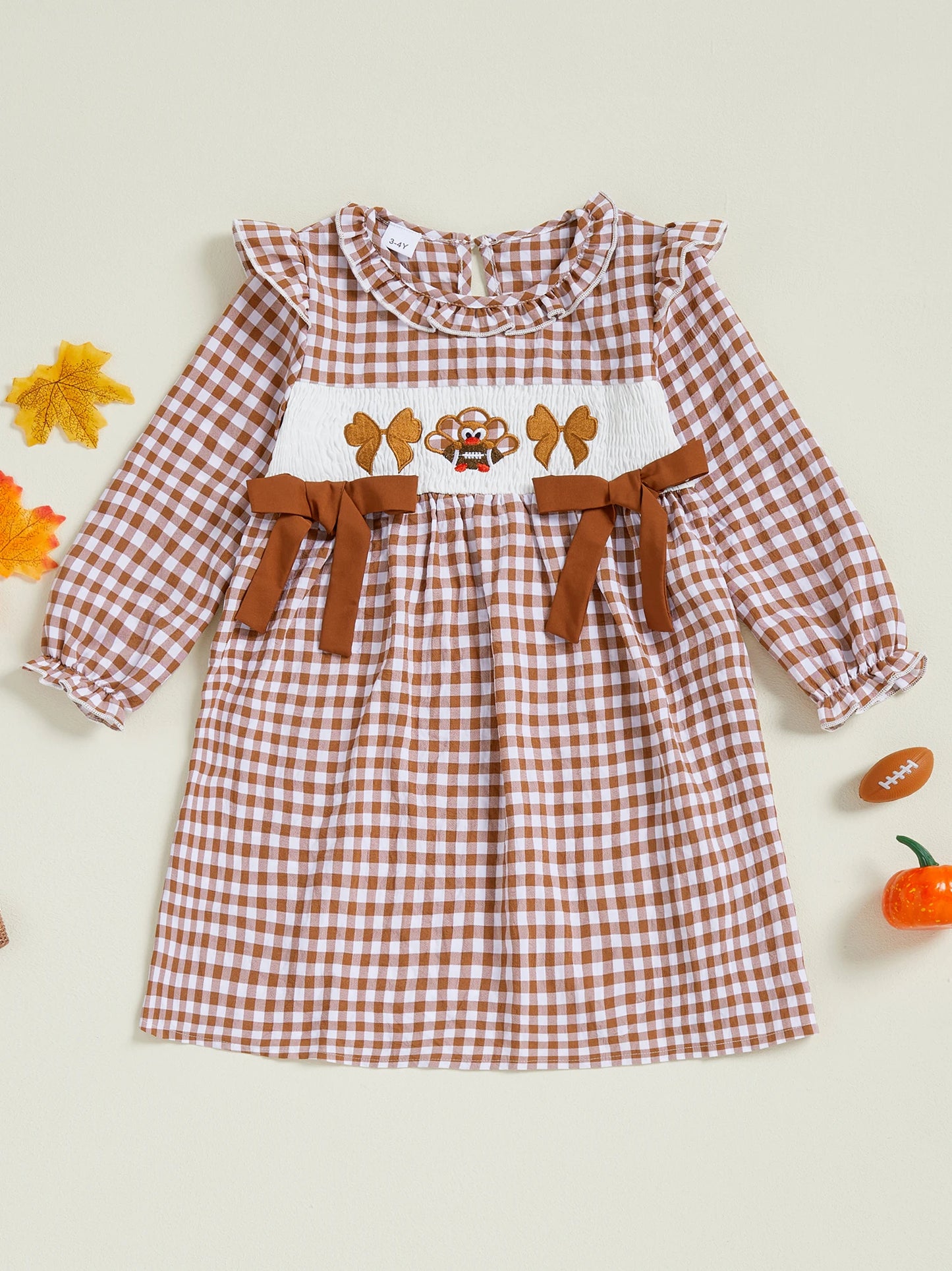 Girls Long Sleeve Crew Neck Plaid Embroidery Turkey Fall Dress for Thanksgiving Outfit