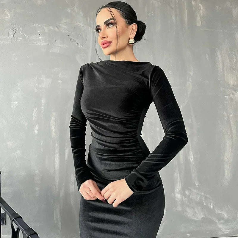 Dulzura Velvet Long Sleeve Midi Dress For Women Ruched Party