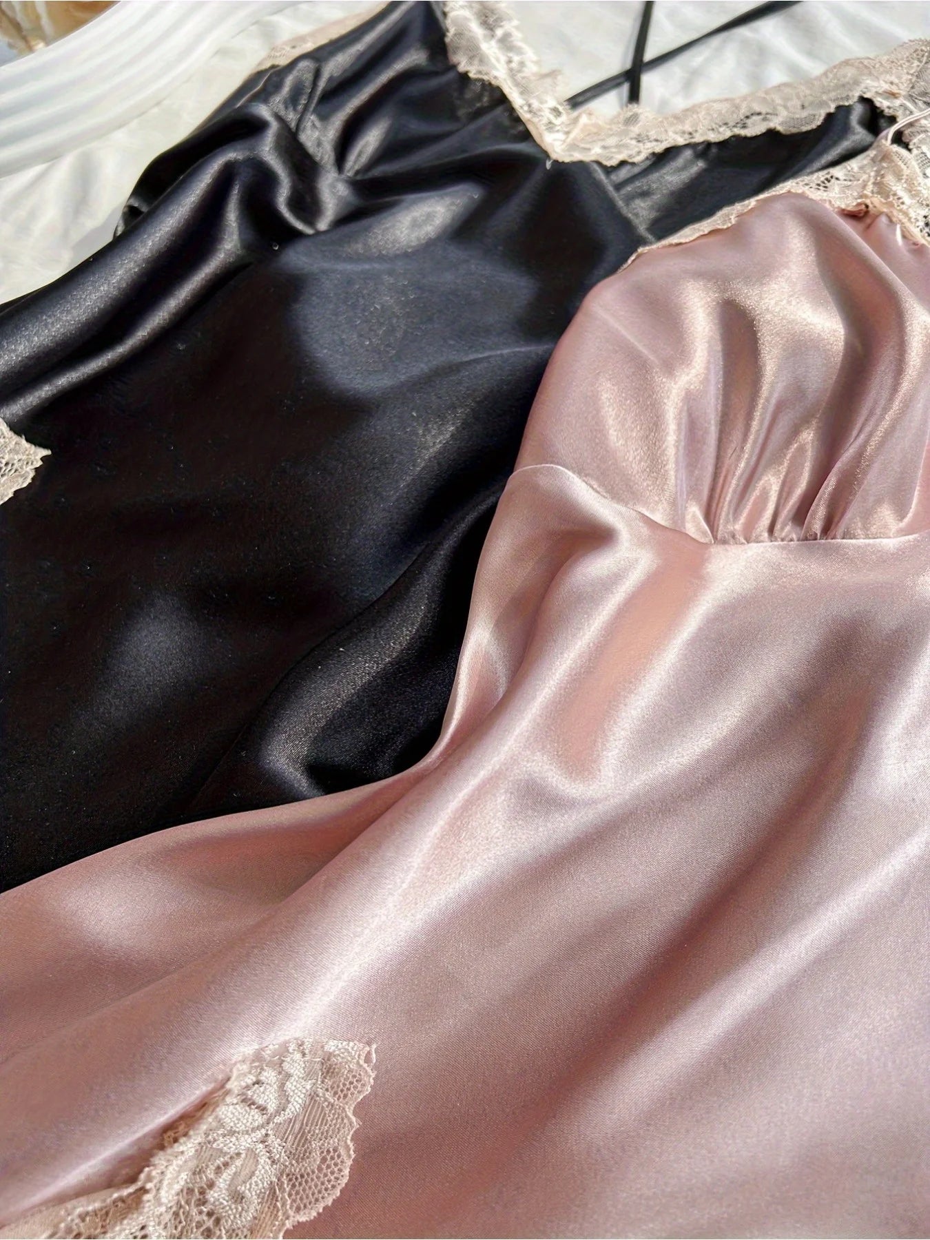 2Pcs Women’s Satin Sleepwear Set Black & Blush, Ruched V-Neck Strapless Nightgown Lingerie Dress, All-Season Nightwear