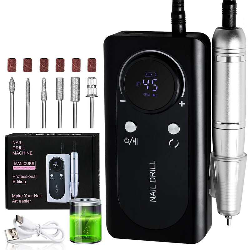 45000RPM Electric Nail Drill File Rechargeable Electric Nail Polishing Machine for Acrylic Gel Dip Powder Manicure Pedicure Tool