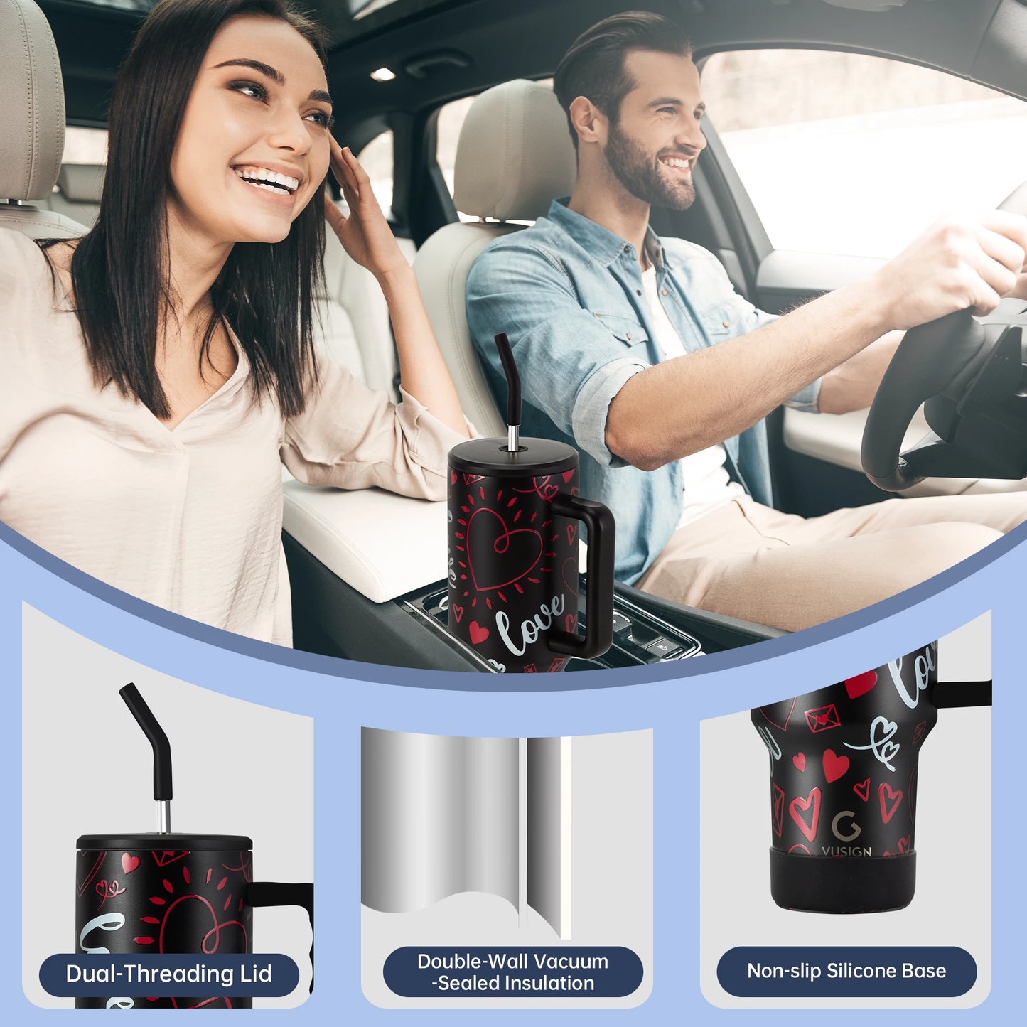 Deli Tumbler With Handle Dual Straw Lid Stainless Steel